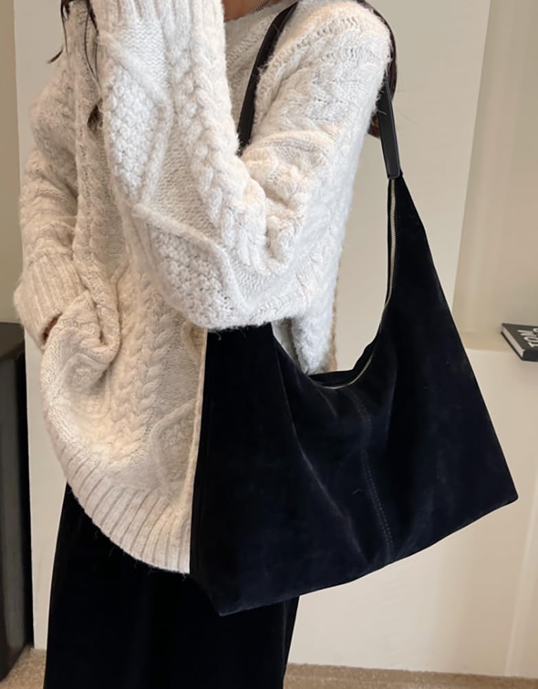 Bagkeak Slouchy Suede Shoulder Bags For Women Underarm Bag Womens Tote Bag Work Purses Crescent Bag Suede Handbag Travel Winter Fall - Image 3